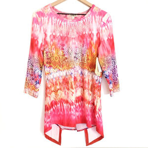 NEW!! One World Tunic Top SIZE XL Pink Rhinestone Split Back Boho Hippie Artsy